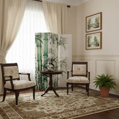 72" green and white canvas folding three-panel screen room divider featuring bamboo design, set in a cozy living space.