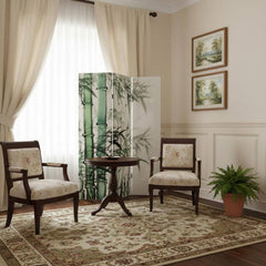 72" green and white canvas folding three-panel screen room divider featuring bamboo design, set in a cozy living space.
