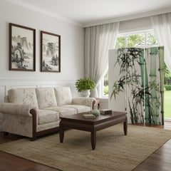72" green and white canvas folding three-panel screen room divider featuring bamboo design, set in a cozy living room.