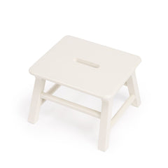 White solid wood step stool side profile, 14-inch width and 12-inch depth dimensions visible