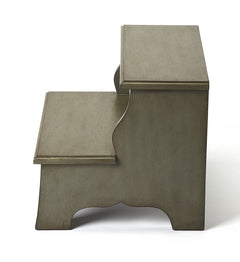 Silver satin decorative step stool – angled side view highlighting handcrafted leg detail
