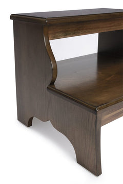 Brown wooden step stool angled side view – 15"H × 18"W × 16"D solid wood construction
