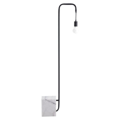 59" Black and White Steel LED Floor Lamp with a sleek black metal frame and a marble base, featuring a single exposed bulb.