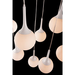 White Shaded Nine Light Metal Dimmable Ceiling Light featuring spherical glass shades in varying heights. Modern design for s