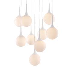 White Shaded Nine Light Metal Dimmable Ceiling Light featuring nine spherical glass shades in a modern design.