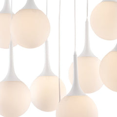 White Shaded Nine Light Metal Dimmable Ceiling Light featuring round glass shades and sleek white fixtures, ideal for modern 