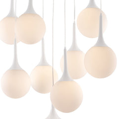 White Shaded Nine Light Metal Dimmable Ceiling Light featuring nine spherical shades hanging at varying heights.