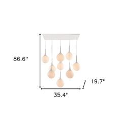 Dimmable ceiling light with nine white shaded bulbs hanging from a rectangular metal base, dimensions 35.4'' x 19.7'' x 86.6'