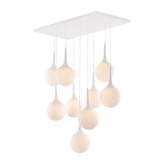 White Shaded Nine Light Metal Dimmable Ceiling Light with nine spherical shades hanging from a rectangular white ceiling moun