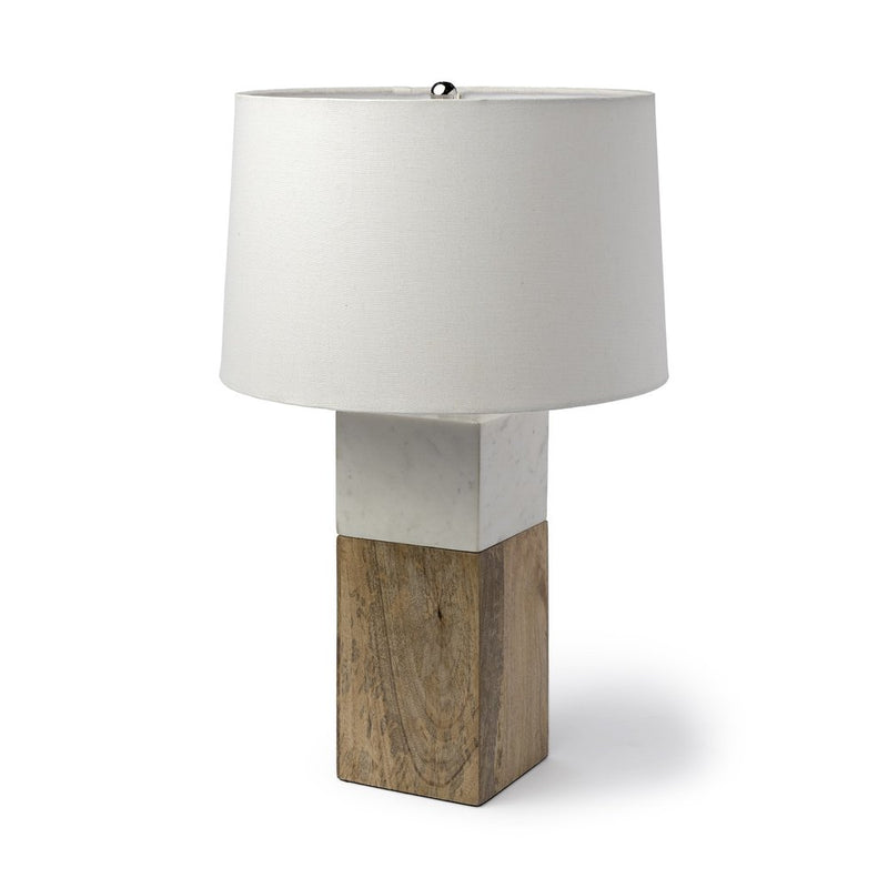 White Marble and Natural Wood Block Table or Desk Lamp featuring a cylindrical fabric shade and a geometric base.