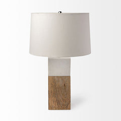 White Marble and Natural Wood Block Table or Desk Lamp featuring a cylindrical fabric shade and a modern design.