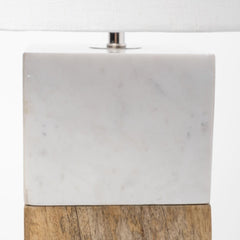 White Marble and Natural Wood Block Table or Desk Lamp featuring a sleek marble base and a wooden accent.