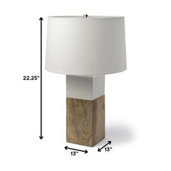 White Marble and Natural Wood Block Table or Desk Lamp with a cylindrical fabric shade, measuring 22.25 inches tall.