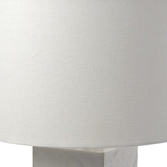 White Marble and Natural Wood Block Table or Desk Lamp featuring a textured white fabric shade and a sturdy marble base.