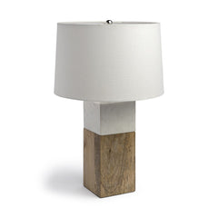 White Marble and Natural Wood Block Table or Desk Lamp featuring a cylindrical fabric shade and a sturdy base.