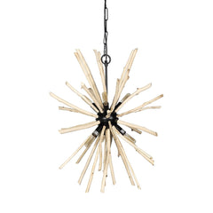 Wood and Metal Starburst Six Bulb Hanging Light featuring a starburst design with wooden branches and six bulb sockets.
