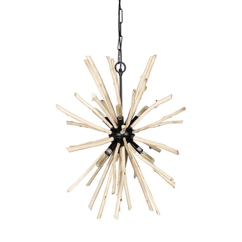 Wood and Metal Starburst Six Bulb Hanging Light featuring a starburst design with wooden branches and six bulb sockets.