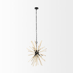 Wood and Metal Starburst Six Bulb Hanging Light featuring a starburst design with wooden accents and a black metal finish.