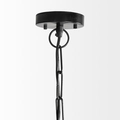 Black ceiling mount with a hanging chain for the Wood And Metal Starburst Six Bulb Hanging Light.