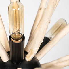 Wood and Metal Starburst Six Bulb Hanging Light featuring a unique design with wooden branches and vintage-style bulbs.