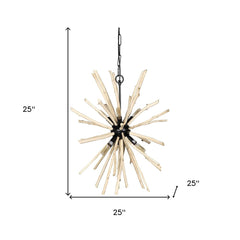 Wood and Metal Starburst Six Bulb Hanging Light featuring a starburst design with wooden accents and a black metal frame, 25 