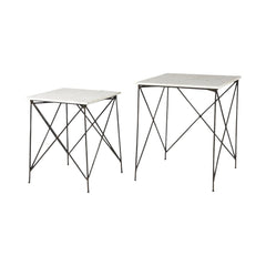 Set of two square nested tables featuring white and black marble tops with sleek metal legs in a geometric design.
