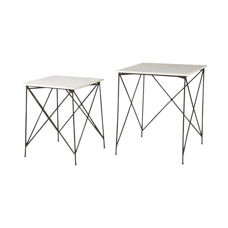 Set of two square nested tables featuring white and black marble tops with sleek metal legs in a geometric design.