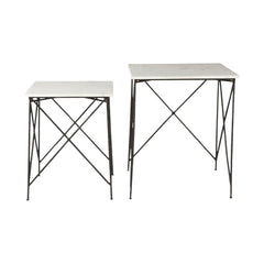 Set of two square nested tables featuring white and black marble tops with black metal legs. Stylish and modern design.
