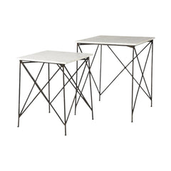 Set of two square nested tables featuring white and black marble tops with black metal legs, showcasing a modern design.