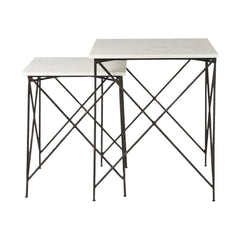 Set of two white and black marble and metal square nested tables with crossed black metal legs.