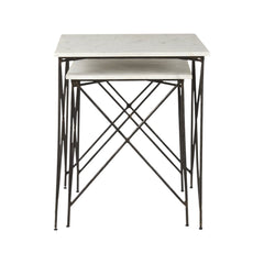 Set of two square nested tables featuring white and black marble tops with sleek metal legs in a modern design.