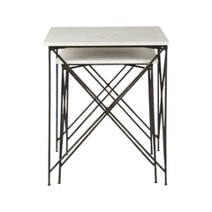 Set of two square nested tables featuring white and black marble tops with black metal frames. Stylish and modern design.
