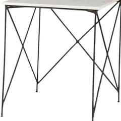 Set of two white and black marble and metal square nested tables with a minimalist design and geometric metal legs.