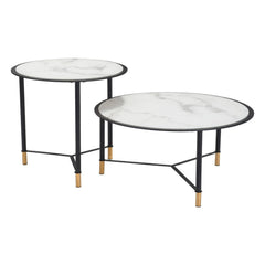 Set of Two White and Black Faux Marble And Glass And Steel Round Bunching Coffee Tables