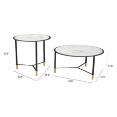 Set of Two White and Black Faux Marble And Glass And Steel Round Bunching Coffee Tables