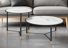 Set of Two White and Black Faux Marble And Glass And Steel Round Bunching Coffee Tables