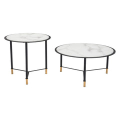 Set of Two White and Black Faux Marble And Glass And Steel Round Bunching Coffee Tables