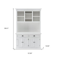 White Solid Wood Adjustable Two Tier Bookcase featuring two drawers and open shelves, measuring 86.61" x 57.09" x 19.69".