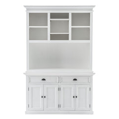 White Solid Wood Adjustable Two Tier Bookcase featuring upper shelves and lower cabinets with two drawers. Elegant design.