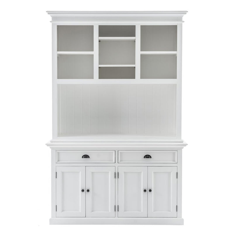 White Solid Wood Adjustable Two Tier Bookcase featuring upper shelves and lower cabinets with two drawers. Elegant design.