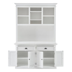White Solid Wood Adjustable Two Tier Bookcase featuring open shelves and two lower cabinets with doors and drawers.