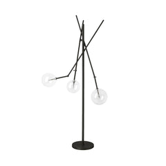 84" Black LED Floor Lamp with White features a modern design with three clear glass bulbs on angular black arms.