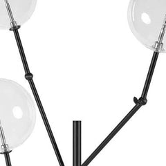 84" Black LED Floor Lamp with white globe shades, featuring a modern design and three adjustable arms for versatile lighting.
