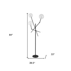 84" Black LED Floor Lamp with three spherical white shades, featuring a modern design and adjustable height.