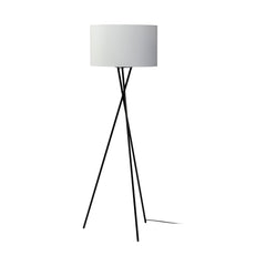 66" black tripod floor lamp featuring a white fabric drum shade, stylishly designed with three slender legs.