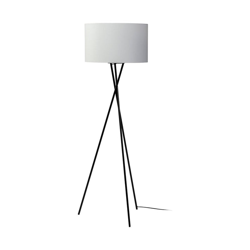 Black metal tripod floor lamp featuring a white fabric drum shade.
