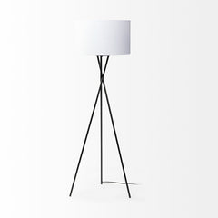 66" black tripod floor lamp with a white fabric drum shade, featuring a modern design and sleek, minimalist style.