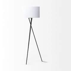 66" black tripod floor lamp with a white fabric drum shade, featuring a sleek, modern design and three slender legs.