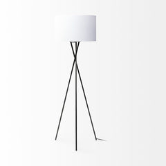 66" black tripod floor lamp with a white fabric drum shade, featuring a minimalist design and sleek lines.