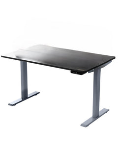 Adjustable black and gray stainless steel rolling standing desk with a sleek design and control panel on the side.